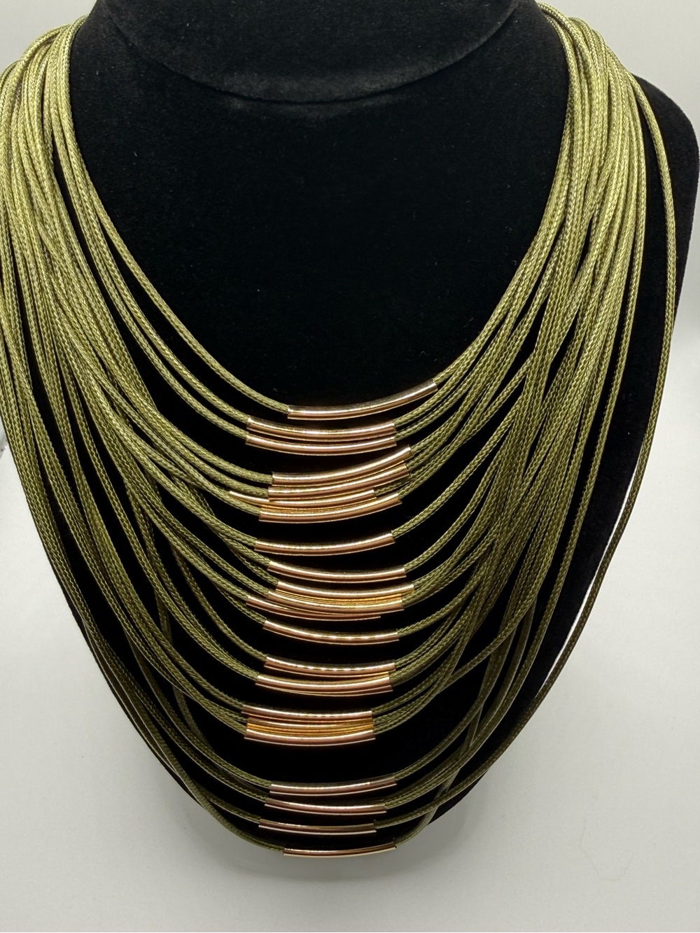 Olive Green Multi-Strand Statement Necklace with Rose Gold Tubes - Women Jewelry
